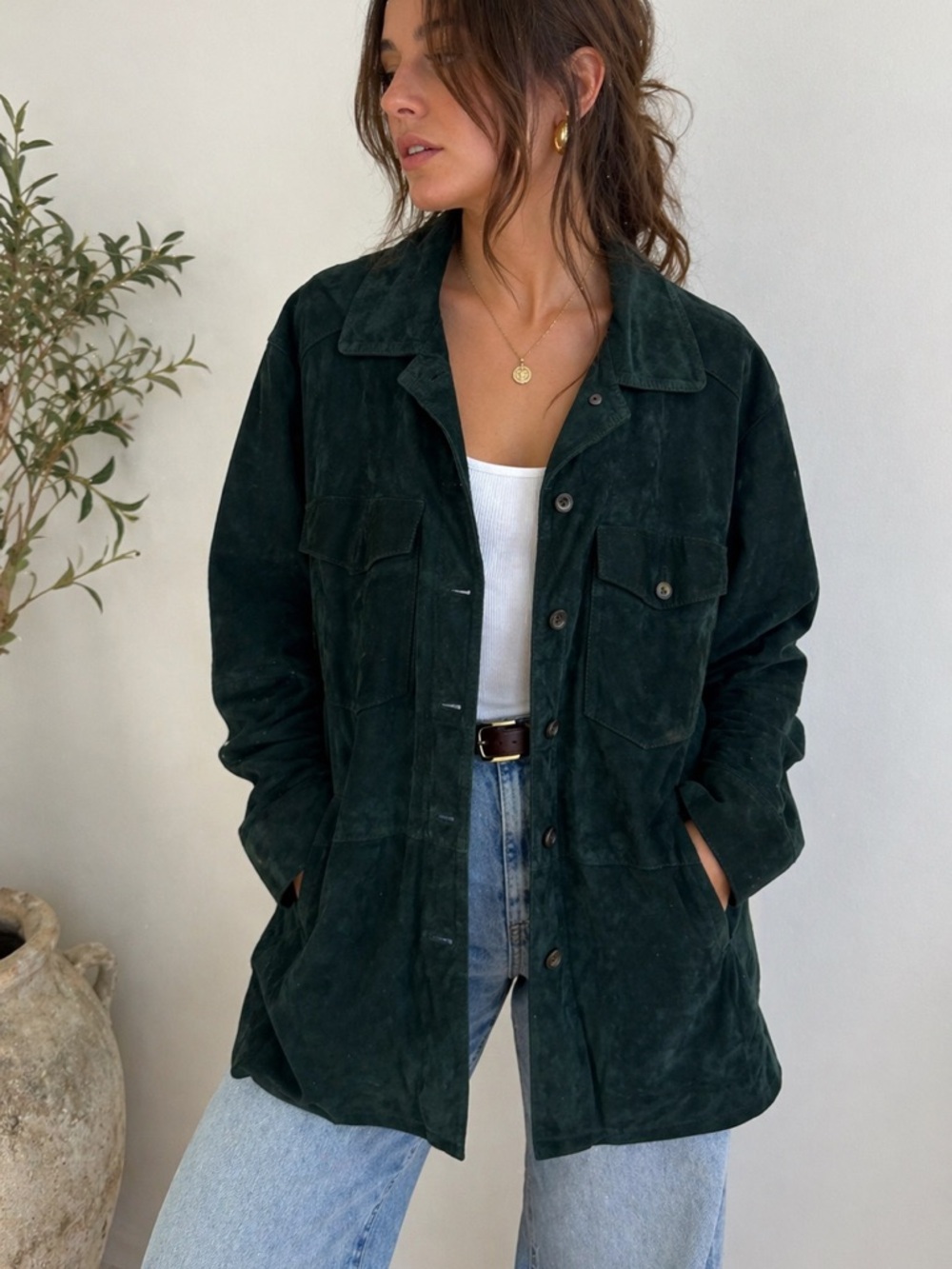 Vintage Kuzu Emerald Green Suede Leather Shirt Jacket Button Up Vtg Size Large
